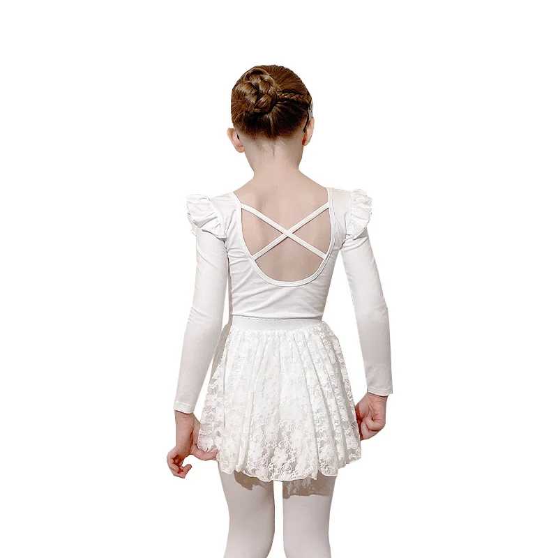 Terno de dança infantil de manga comprida, traje de prática para meninas, branco, outono e inverno, saia de renda, vestido de prática chinesa