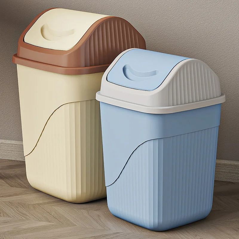 

Square Swing Lid Trash Bin Home Office Creamy Minimalist Wastebasket with Cover for Bathroom Toilet