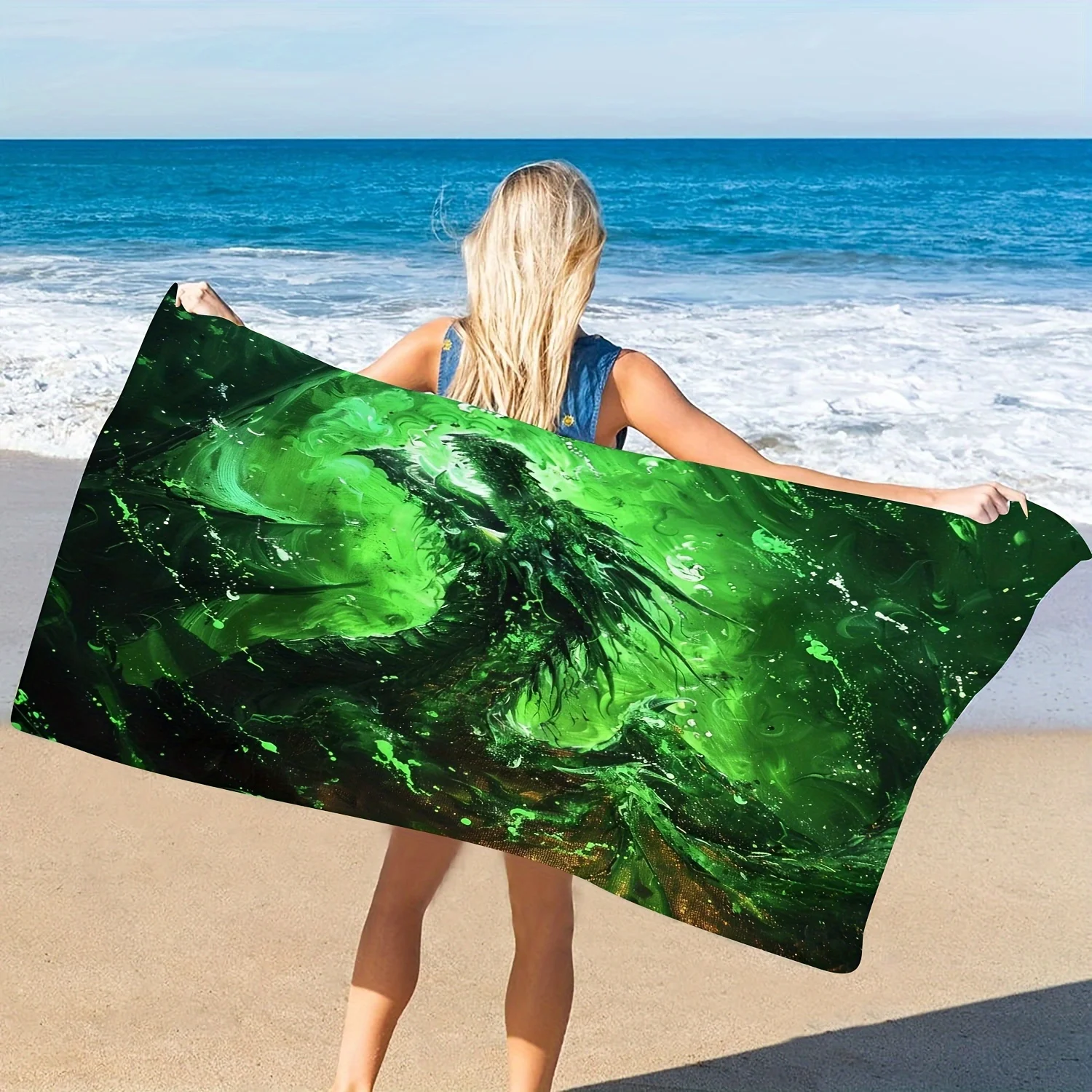 Green Raven Beach Towel, Abstract Bird Art, Quick Dry Microfiber, Oversized for Beach Pool, Gift for Him