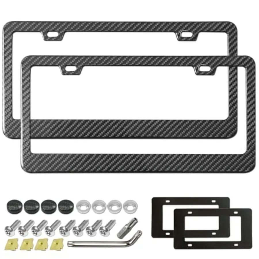 

Carbon Fiber License Plate Frames- 100% Real Carbon Cloth Wrapped Stainless Steel Car Tag Holder 2 Pack Wide Edge Black Covers
