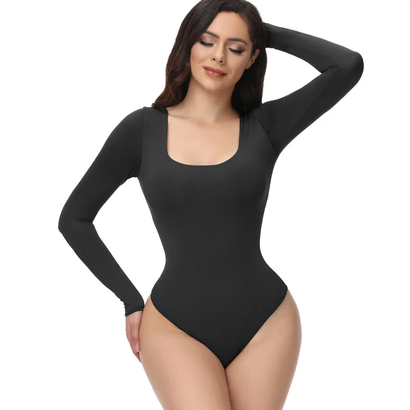 Women's Sexy Bodysuits Jumpsuit Scoop Neck Long Sleeve Shirt Leotard Stretchy Thong Waist Trainer Slim Body Shapewear Seamless