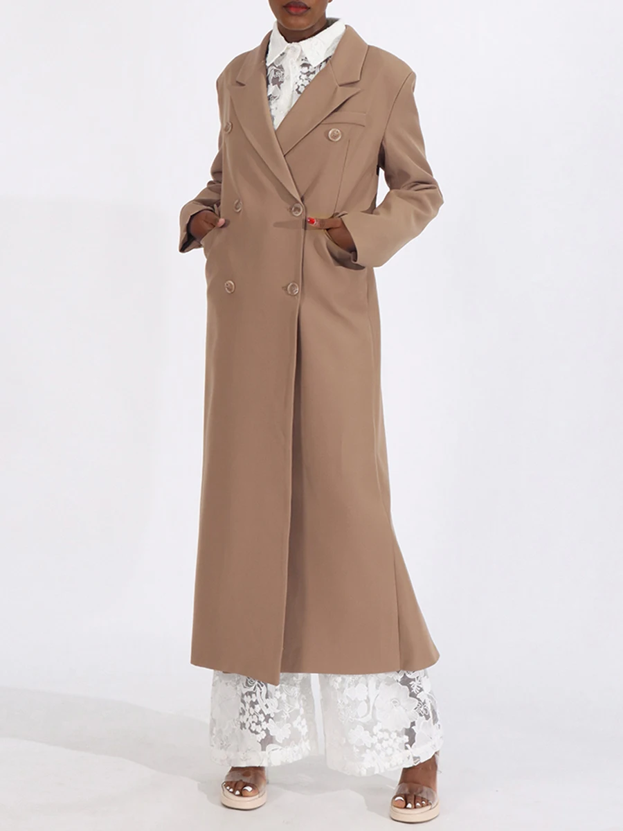 VGH Minimalist Loose Spliced Pockets Trench for Women Notched Collar Long Sleeve Patchwork Button Elegant Solid Coats Female New