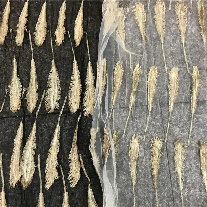 

2 Colors Gold Feather Wedding Gown Lace fabric gold feather soft black Tulle Fabric for wedding lace bridal lace