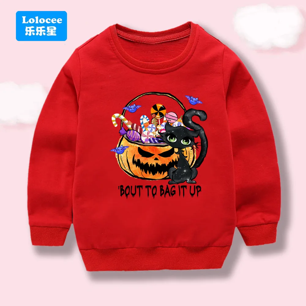 Kinder-Sweatshirt mit Cartoon-Katzen- und Kürbis-Motiv, Halloween-Design, langärmelig, Pullover, gruselige Saison, Streetwear, lässiges Oberteil.