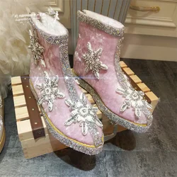 Heavy diamond accessories custom pointed female suede warm cotton shoes handmade custom party banquet wedding naked boots 35-41