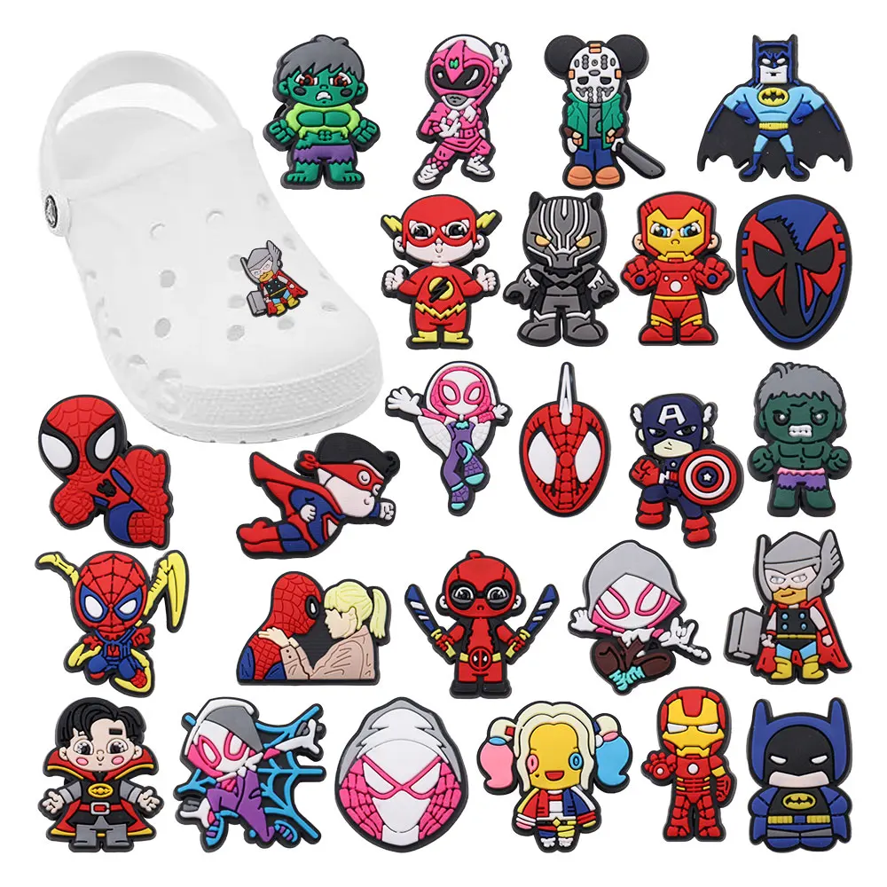 Hot Sale 1-25pcs PVC Shoe Charms Spiderman Spider Gwen Iron Man PVC Accessories Slippers Decorations For Kids Birthday Present