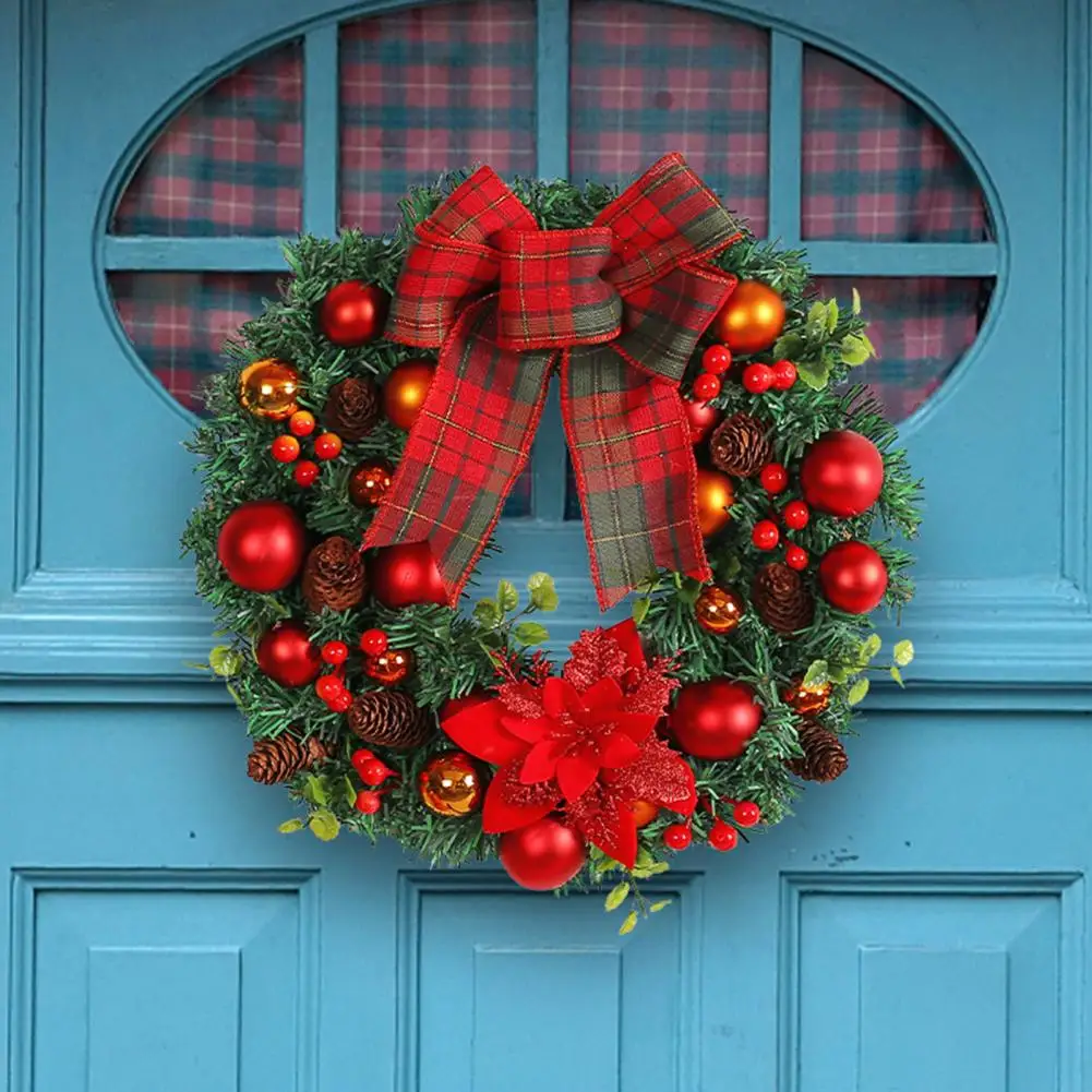 Christmas Wreath with Red Plaid Bowknot Pine Cone Needle Ball Berry Holiday Window Door Wall Artificial Garland Decoration