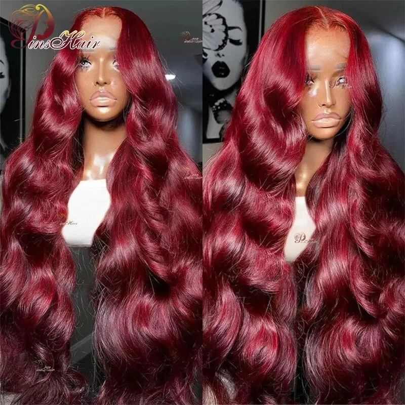 Perruque Lace Front Wig Body Wave Naturelle Remy Bordeaux 99J, Cheveux Humains, 13x6, Pre-Plucked, Transparent, pour Femme