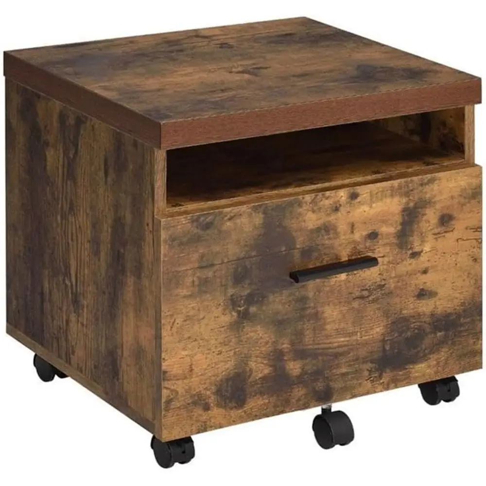 

Oak Finish Rolling Storage Cabinet with Drawer and Open Shelves, 25x19x16, Office Furniture