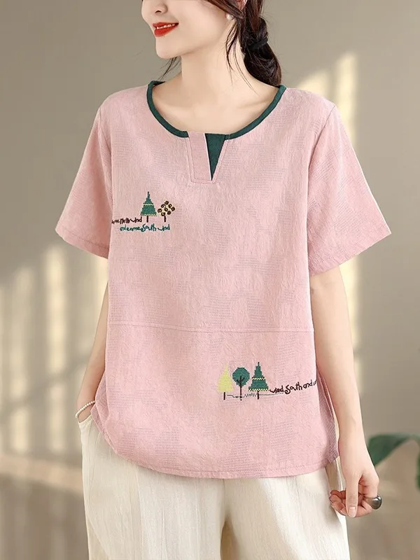 

Summer 2026 New Embroidered T-Shirt Loose Short Sleeve round Neck Color Block Casual Top for plus Size Women Comfortable Loos...