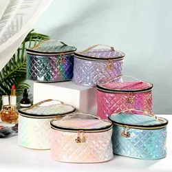 Leather Argyle Women Cosmetic Bag with Mirror Multifunction Travel Toiletry Storage Organize Portable Handbag Makeup Case