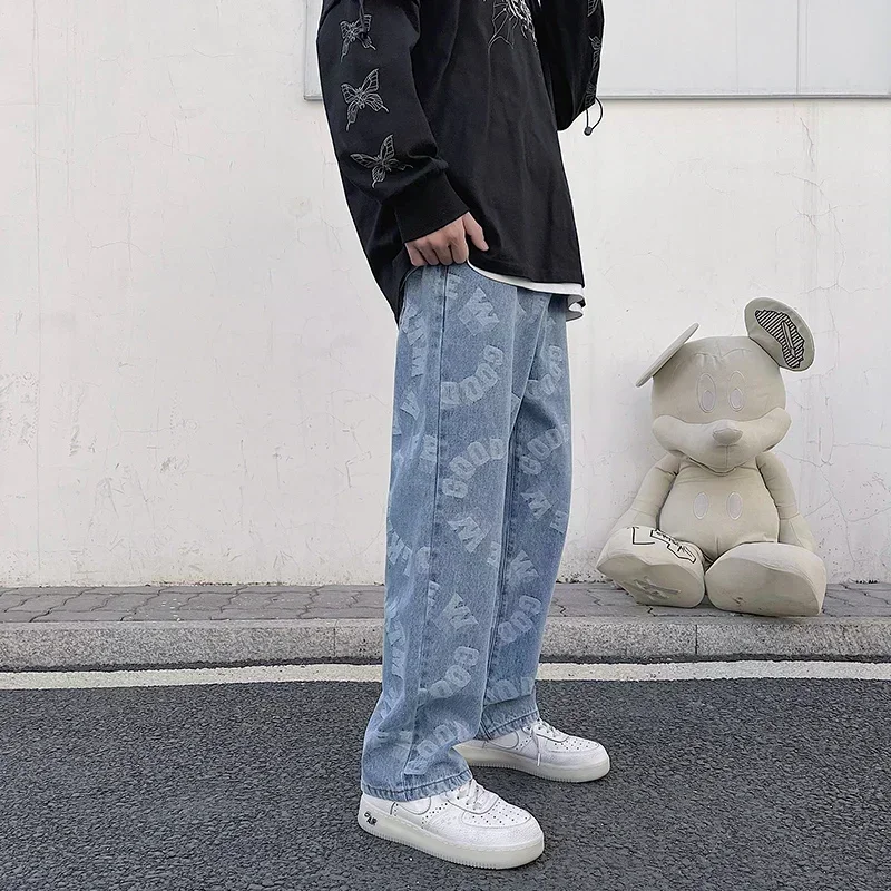 Jacquard Jeans Blue Mens Loose Straight Leg Long Pants Streetwear Baggy Denim Clothing Graphic Y2k Men’s Jean