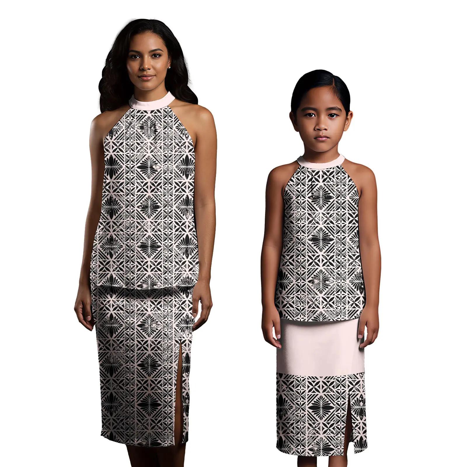 Samoan Tatau Fijian Design Family Set Clothes 2 Pcs Parent-child Clothing Sets Family Matching Outfits Puletasi Dresses