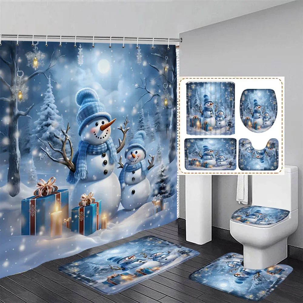 Winter Christmas Shower Curtain Set Cute Blue Snowman Xmas Gift Forest Cedar Snow New Year Bathroom Decor Bath Mats Toilet Cover