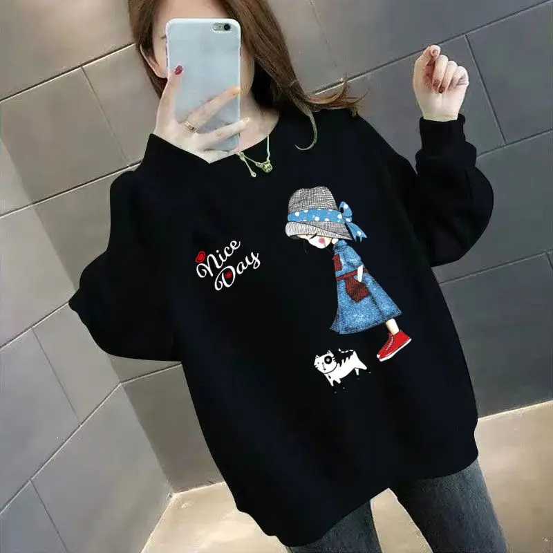 2023 New Spring and Autumn Korean Edition Loose Casual Trend Round Neck Print Versatile Fashion Women's Oversized Sweater