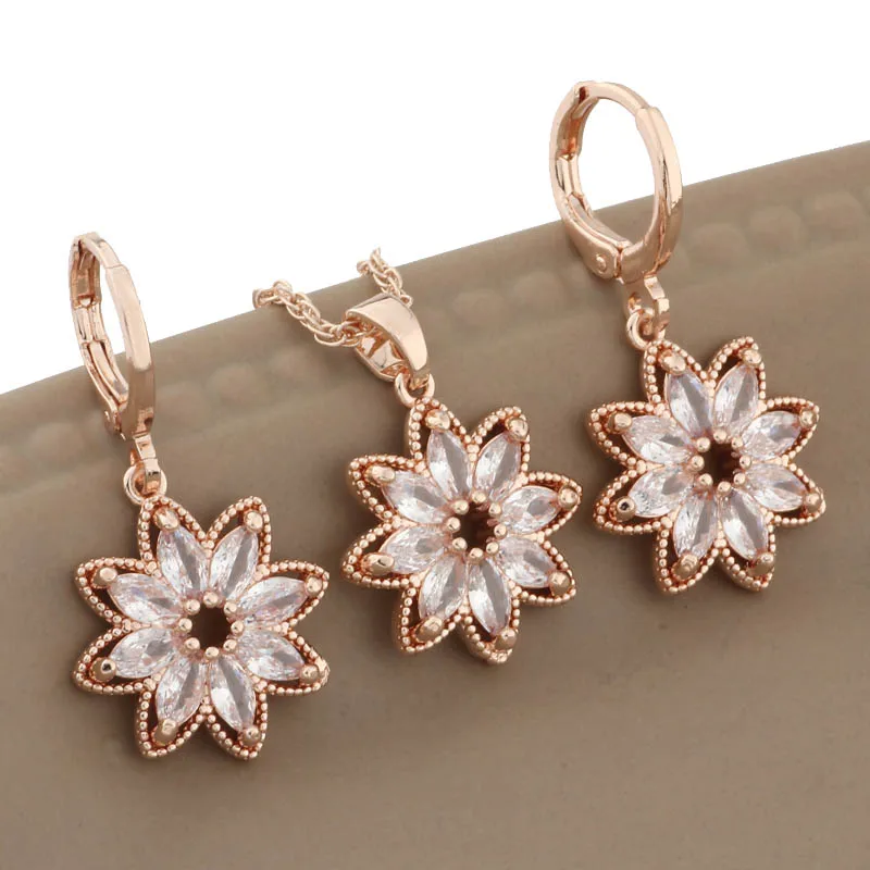 New Trend Earrings 585 Rose Gold Color Hanging Earrings Stes for Women Fashion High Quality Natural Zircon Flower Jewelry Set