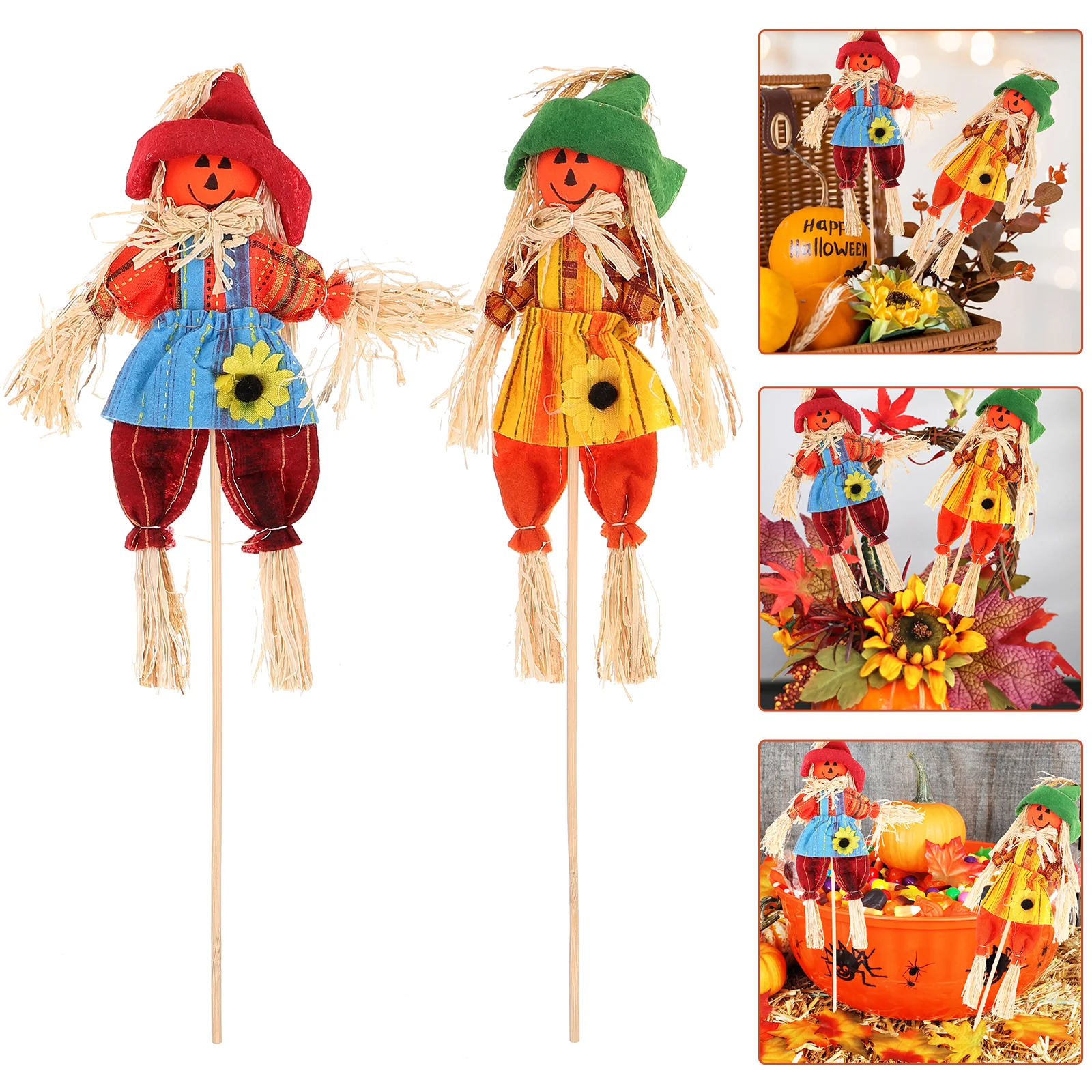 

2pcs Scarecrow Flower Arrangement Bouquet Decoration Halloween Props Fabric Lattice Home Party Gift Eco Friendly Scarecrow