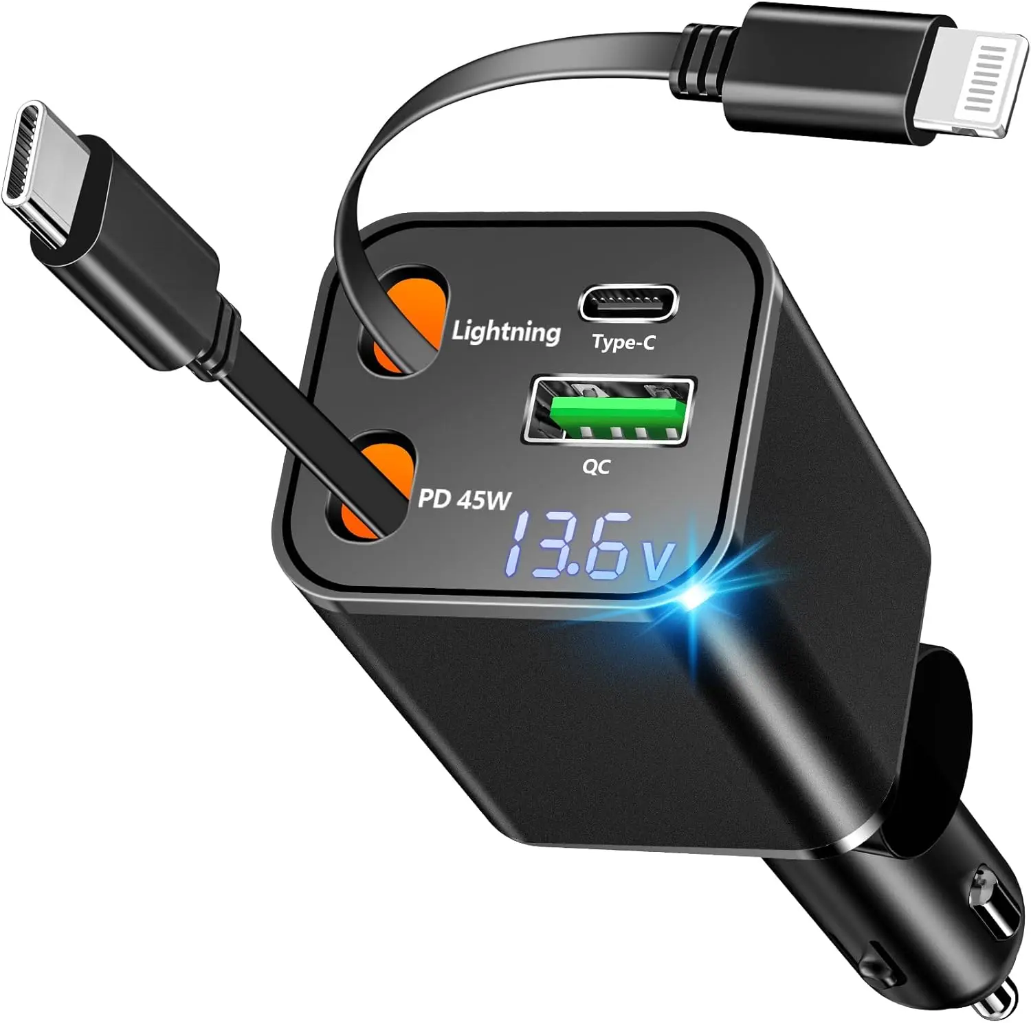 

120W Retractable USB C Car Charger 4-in-1 PD/QC Fast Charging for iPhone/Galaxy