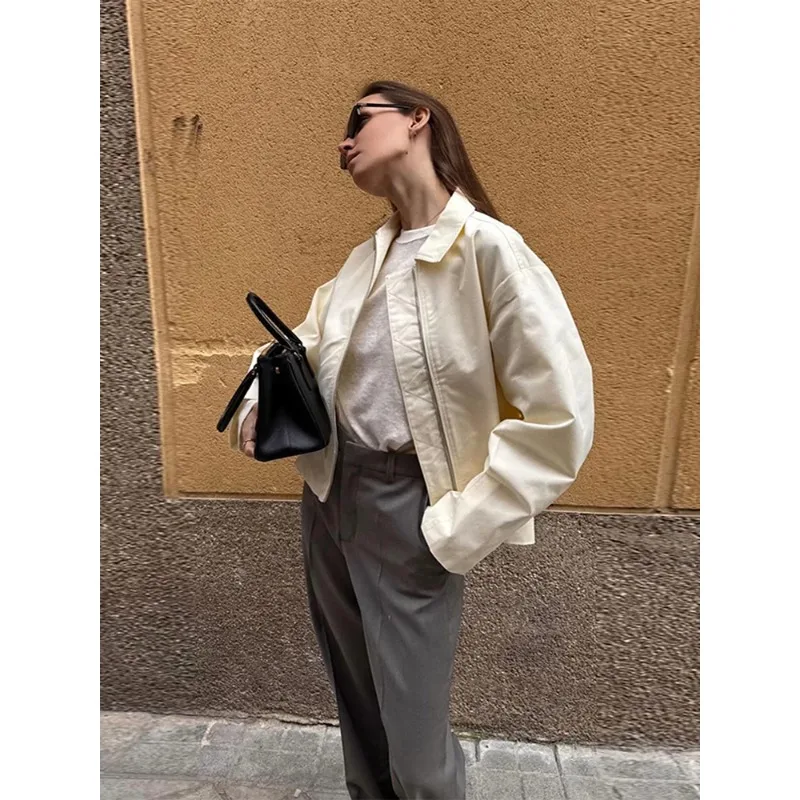 

New Women's Zipper White Lapel Long Sleeve Street Jacket Female Loose Coats 2026 Spring Fall Lady High Street Outwears New
