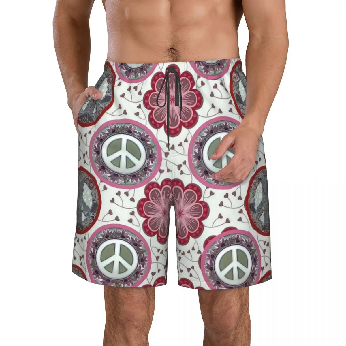 Hippie Style Peace Signs Men's Beach Shorts Fitness Quick-drying Swimsuit Funny Street Fun 3D Shorts