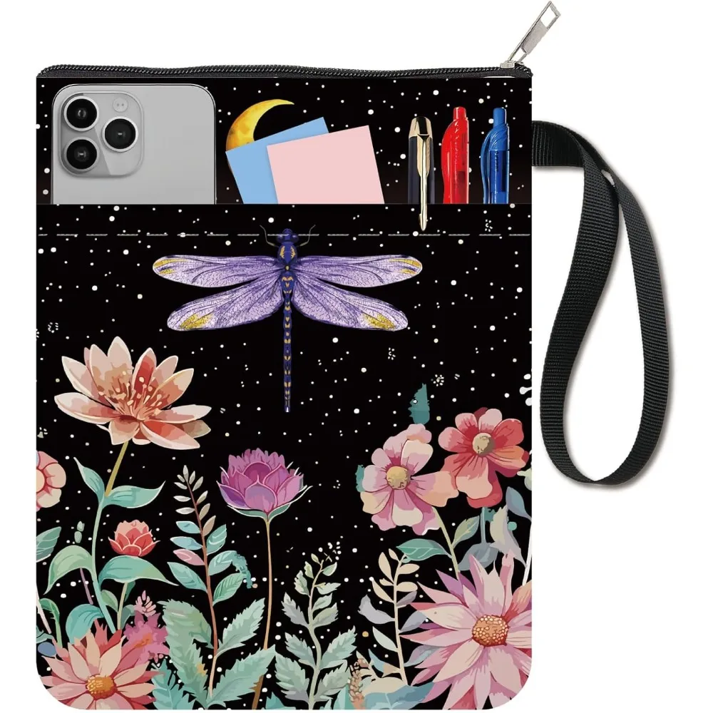 Libellen-Buchschutz, Mond-Buchhülle, Blumen-Buchhülle für Taschenbücher, waschbarer Buchhülle aus Stoff und Stoff mit Reißverschluss