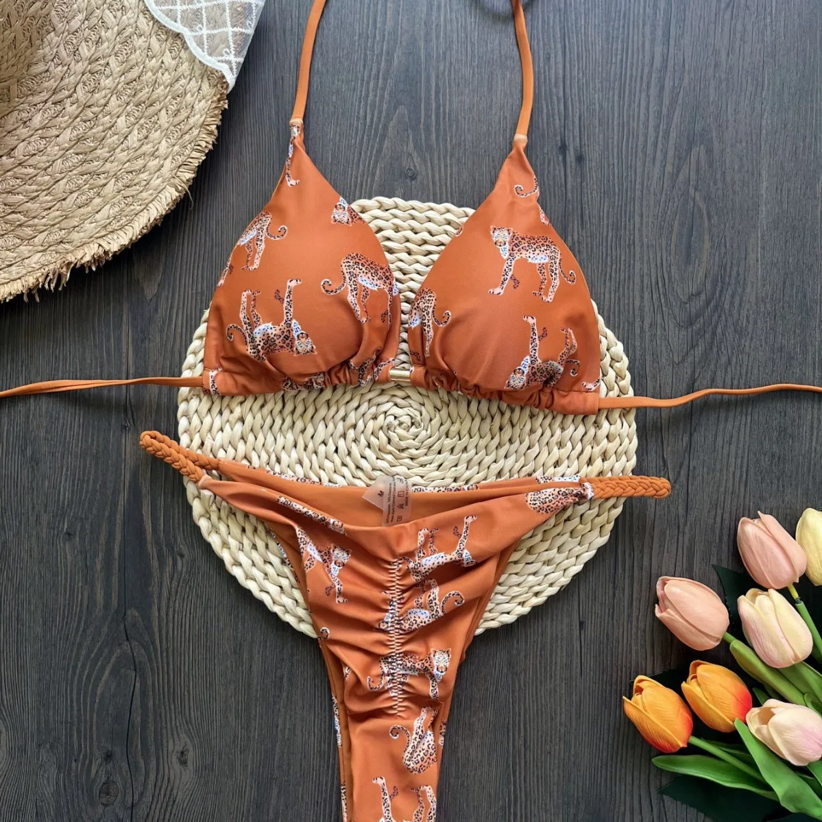 Fanan 2026 Summer New Women Printed Bikini Suit Low Waist Lace-up Fashion Split Swimsuit
