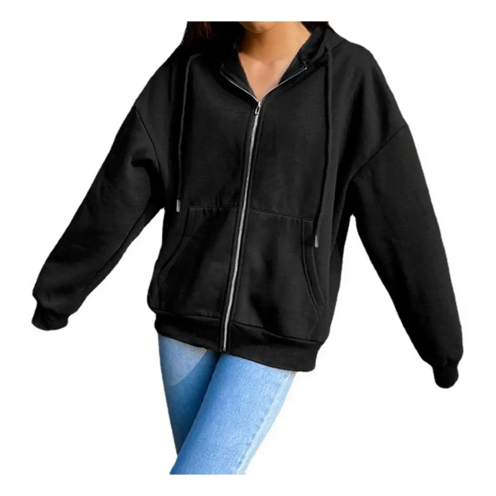 Autumn Fleece Hoodie Solid Color Hooded Korean Fashion Sweatshirts Long Sleeve Top Drawstring Pockets Loose Zipper Black Hoodies