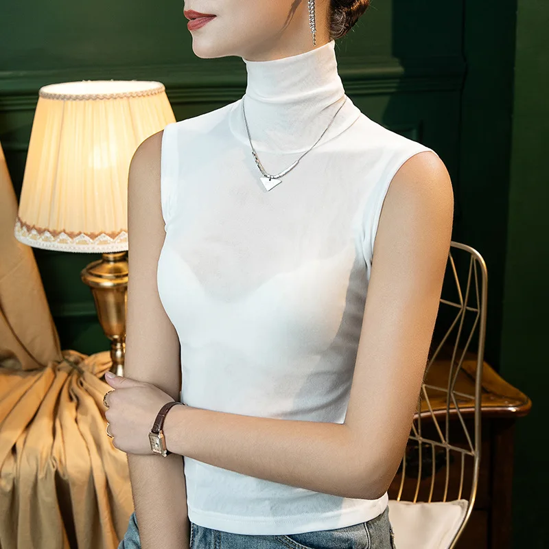 Early Autumn Basic Mesh Tank Girls Turtleneck Elastic Slim Sheath Top Female Solid Simple Sleeveless Tees Tshirts