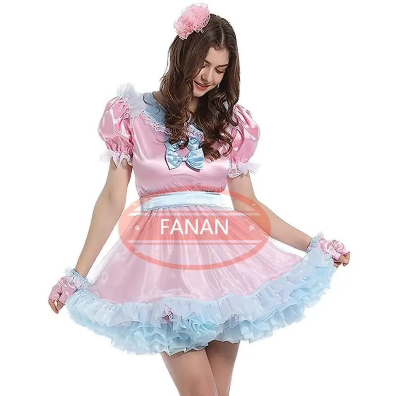 

Adult Giant Baby Sexy Girl Pink Thin Satin Face Sissy Dress Short Sleeve Blue Bow Organza Makeup Ball Role Play Customization