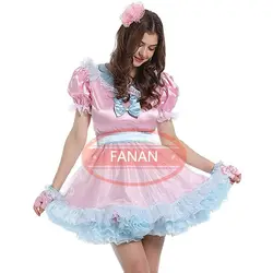 Adult Giant Baby Sexy Girl Pink Thin Satin Face Sissy Dress Short Sleeve Blue Bow Organza Makeup Ball Role Play Customization