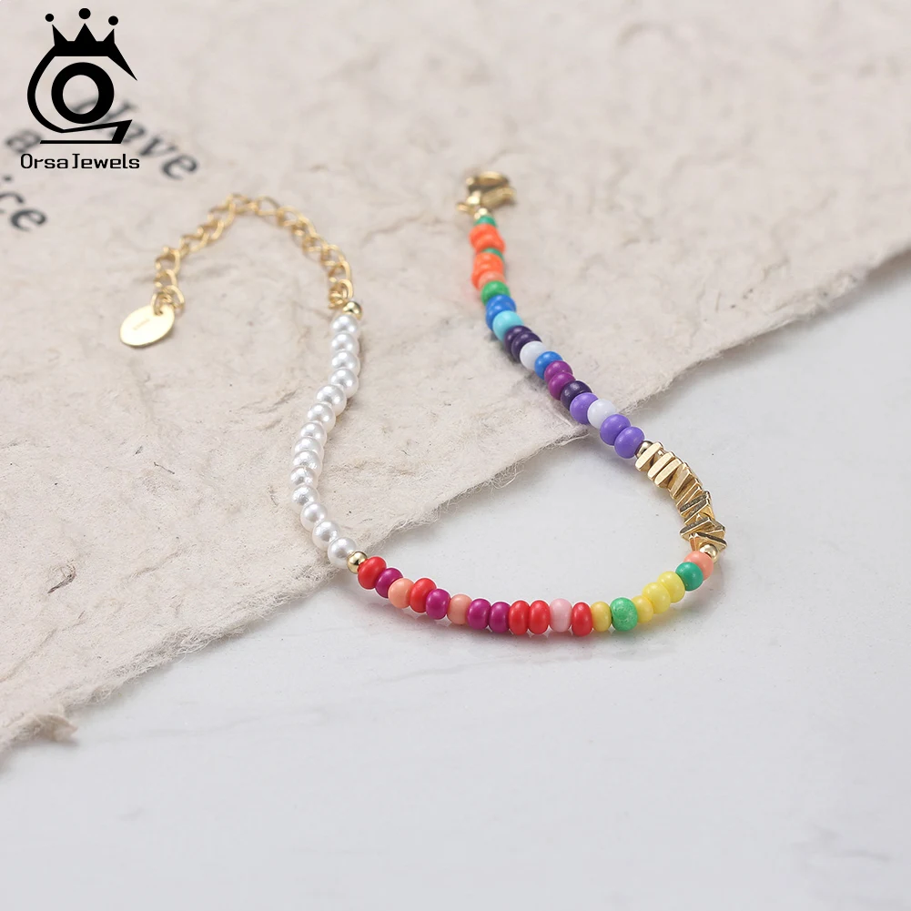 

ORSA JEWELS Vintage 925 Silver Beads Chain Bracelets Shell Round Shape Fashion Colorful Rainbow Beads Bracelet DIY Gift PSB07
