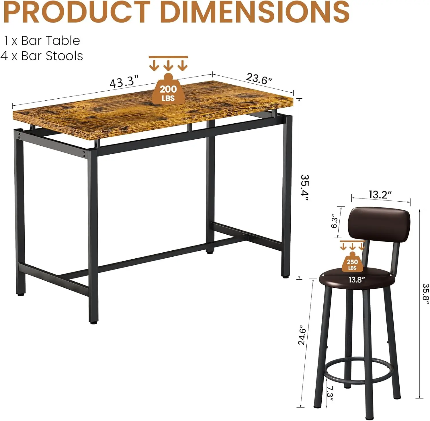 4人用バーテーブルセット、工業用カウンターハイトダイニングセット、PUレザー製スツール4脚付き