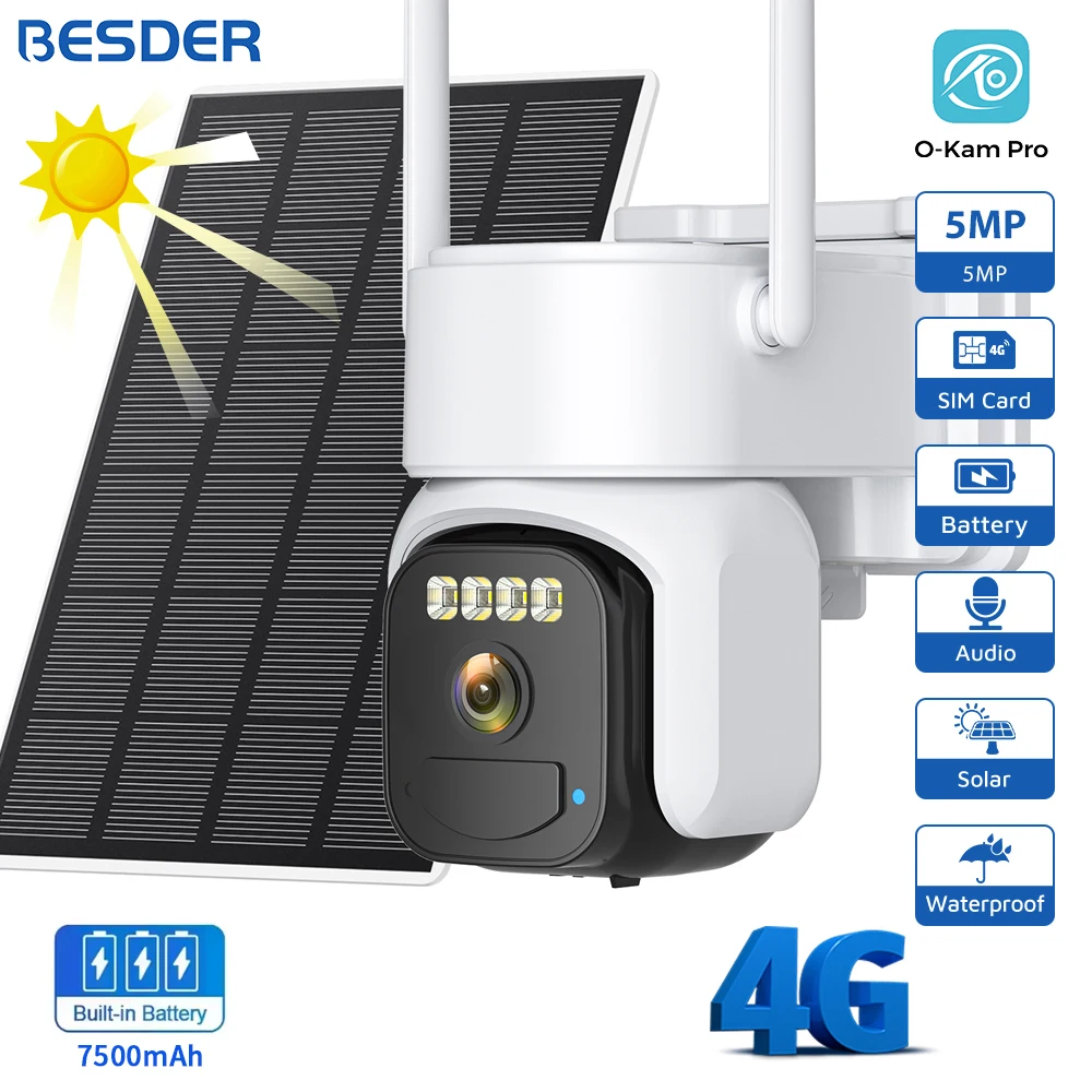 

BESDER 4G SIM Card Solar Camera 5MP PIR Human Detect Built-in 7500mAh Rechargeable Battery CCTV Surveillance IP Camera O-Kam Pro