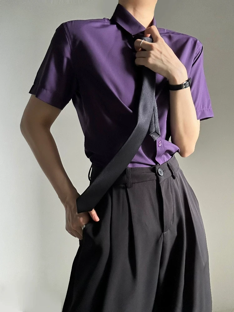 

Casual Lightweight Short Sleeve Purple Shirt for Men Breathable Summer Polyester Elastic Leisure Shirt Standard Fit Button up