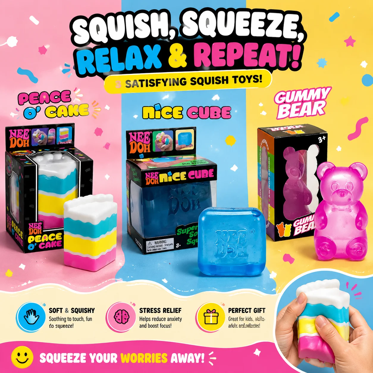 Nee Doh Squish Toy Peace O' Cake Nice Cube Gummy Bear Brinquedo Macio e Apertável para Alívio do Estresse, Brinquedos Fidget para Brincadeiras Sensoriais e Descompressão