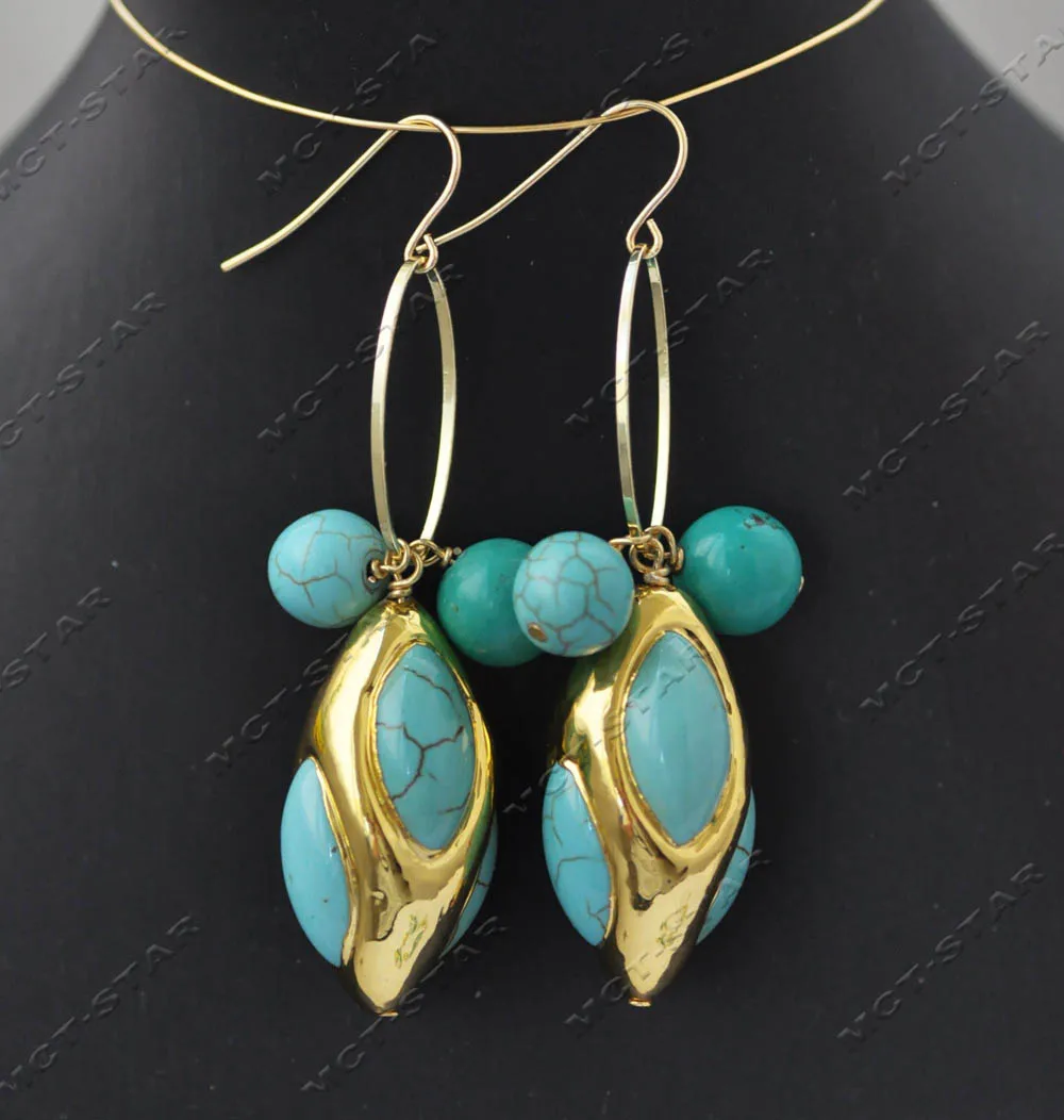 Z13536 Set 23'' 34mm Blue Green Gold-Plated Shuttle Turquoise Gourd Necklace Bracelet Earring Custom Jewelry