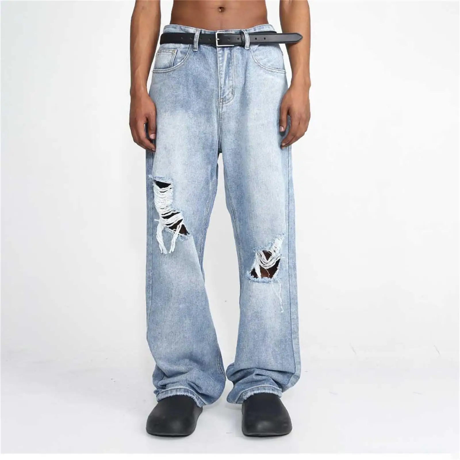 : Cute Hole Cat Design Floor Pants Loose Washable Straight Leg Jeans For Men And Women Modern Slim Fit Leg