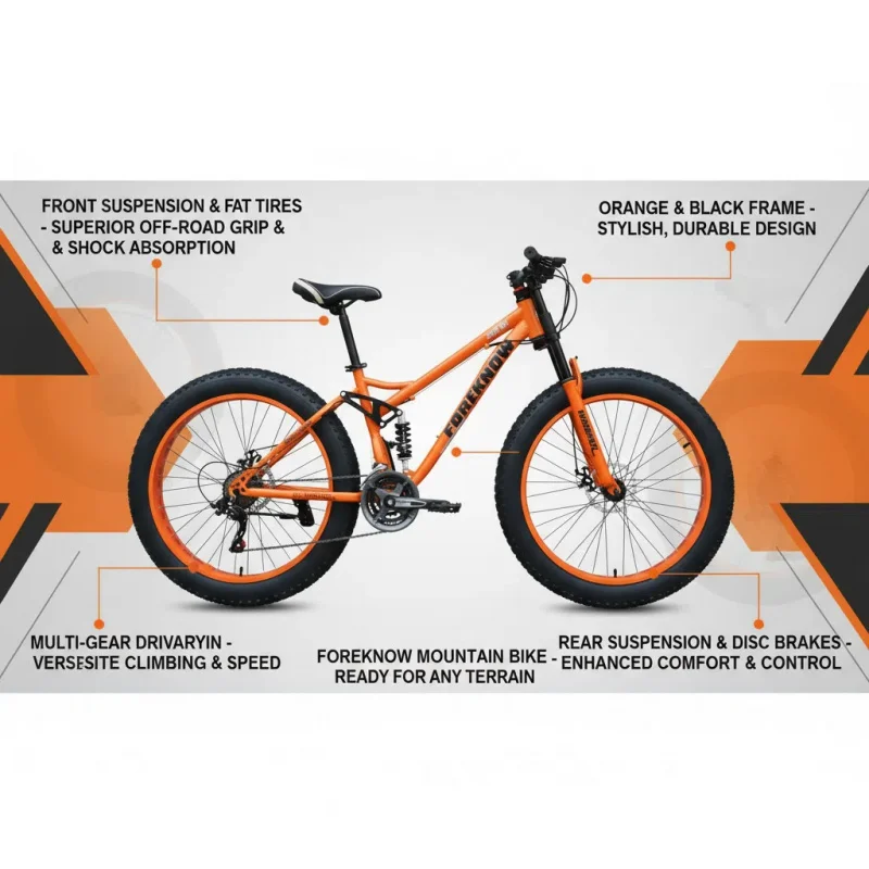 Orange 24' Variable Speed Off-Road Mountain Bike for Adults with Shock Absorption And Ultra-Wide 4.0 Tires Beach And Snow