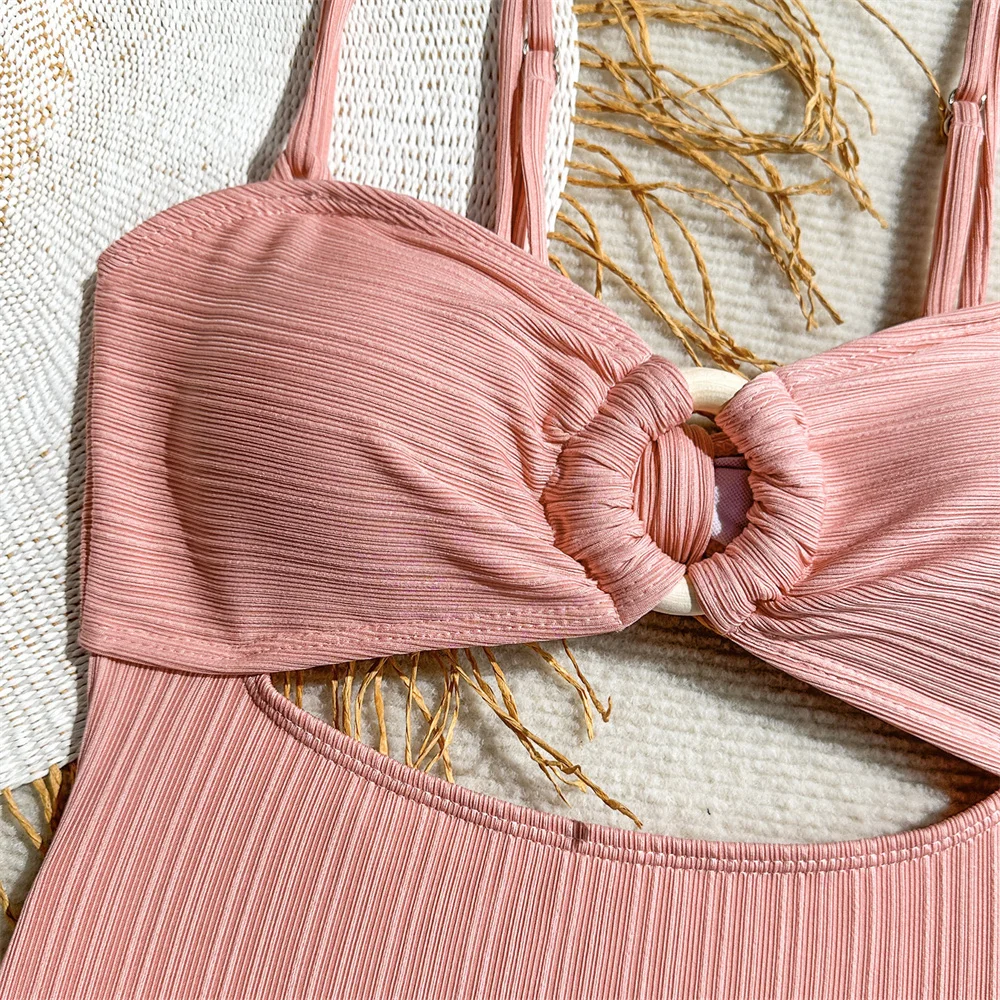 Sexy évider Bikini pansement anneau Monokini femmes noué maillot de bain vacances maillots de bain côtelé plage tenue maillot de bain