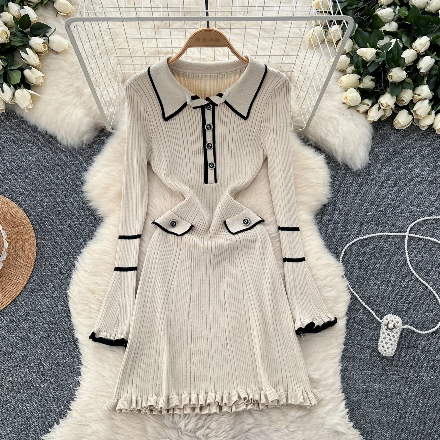 Casual Polo-neck Basics Long Sleeve Chic Buttons Slim Ear Fungus Edge Patchwork Dresses French Women High Street Autumn Clothing