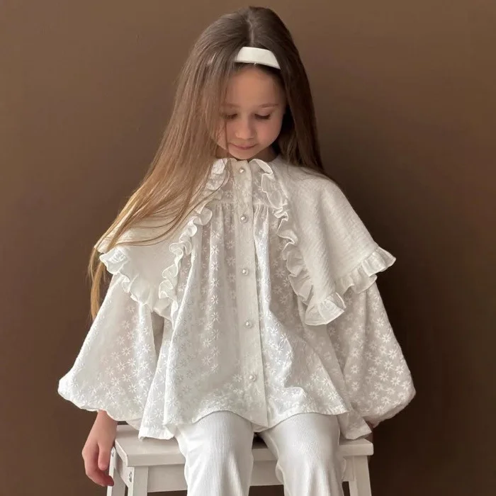 

2025 Russian Spring and Autumn Girls Top Cotton Embroidery Spring and Autumn Falling Shoulders Casual Lace Style Doll Shirt