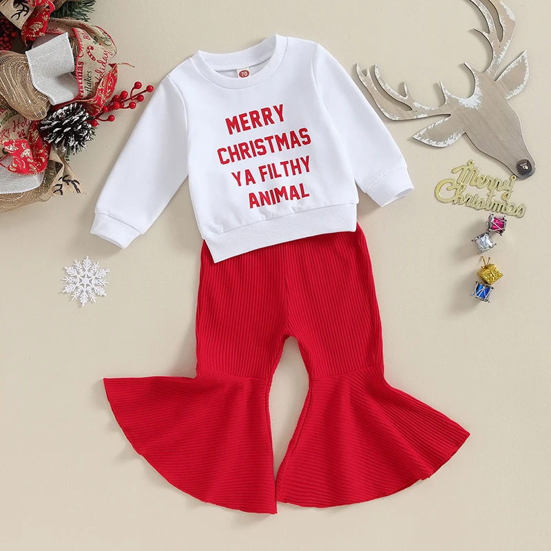 

Toddler Baby Girl Christmas Outfit Long Sleeve Cartoon Sweatshirt Tops Flared Pants Fall Winter Outfit 2Pcs