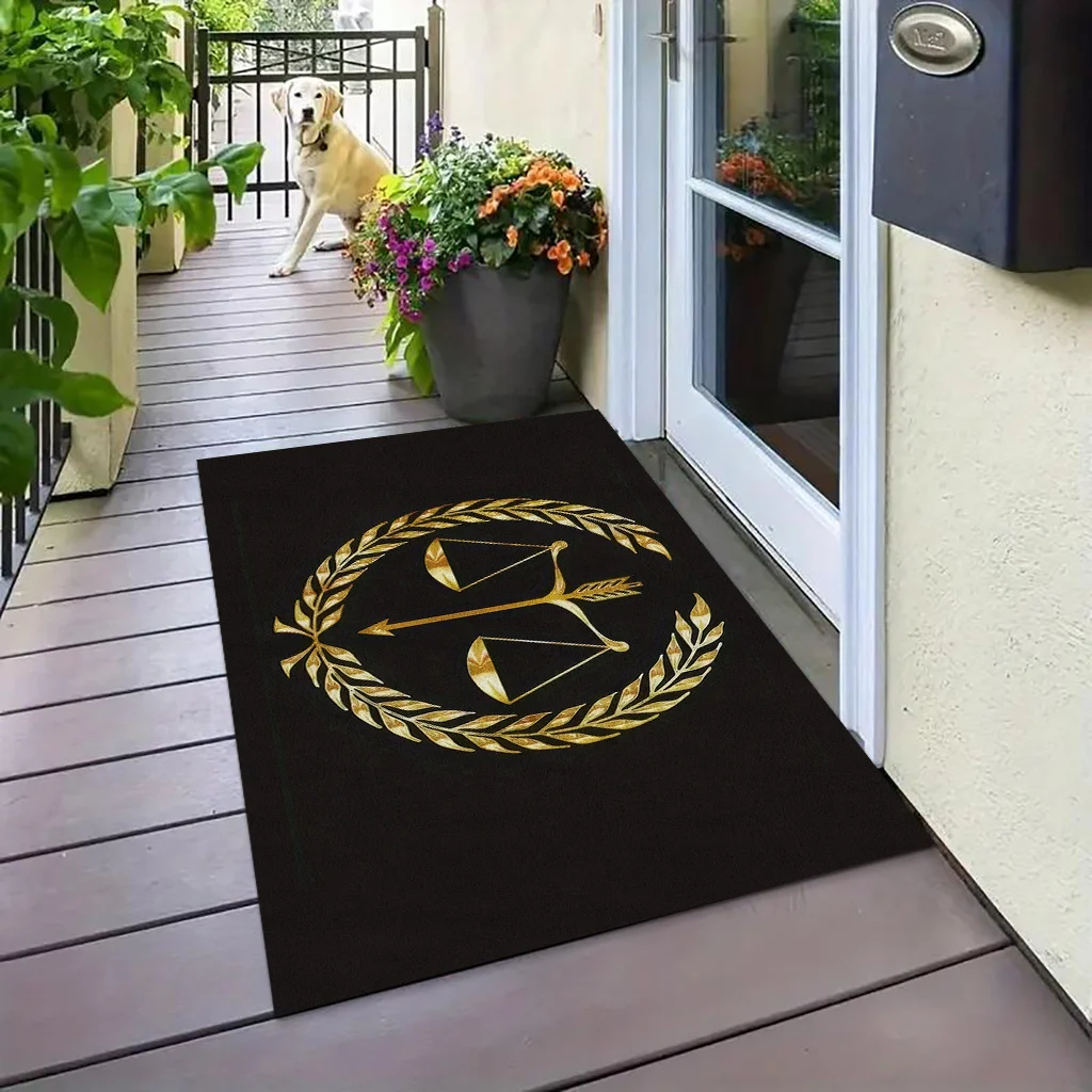 Lawyer Justice Scale Doormat, Gold Laurel Wreath Entrance Mat, Legal Profession Gift, Non-Slip Black Floor Rug for Home Office