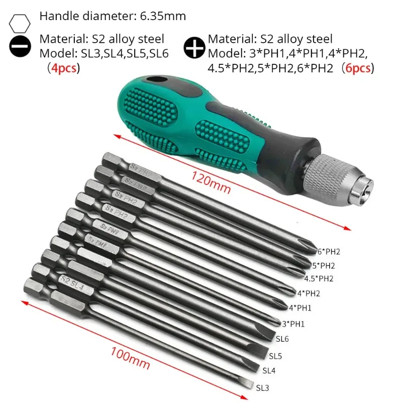 100mm Long Screwdriver Bit Set with Handle, S2 Steel Extra Long Magnetic Bits, Phillips Slotted /Torx, 1/4