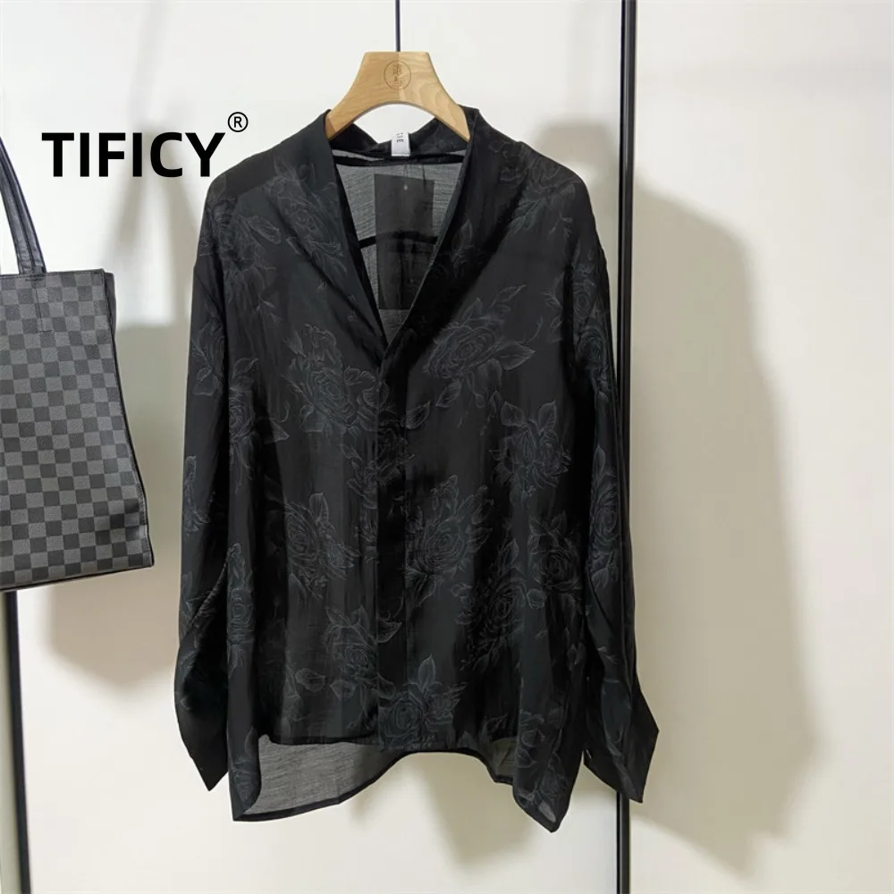 High Street Men's New Chinese Style Long Sleeved Shirt Men's Personalized Printed Transparent V-neck Shirt and Cardigan