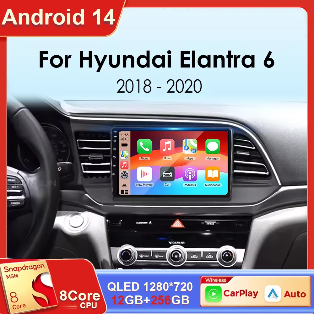 

For Hyundai Elantra 6 2018 2019 2020 Car Radio Multimedia Video GPS Android 14 Wireless Apple Carplay QLED Screen Head Unit