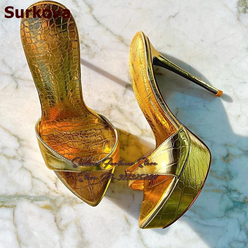 

Surkova Gold Black Turquoise Stone Pattern Mules Sky High Heel Platform Pointed Toe Modern Slippers Slip-On Snakeskin Sandals