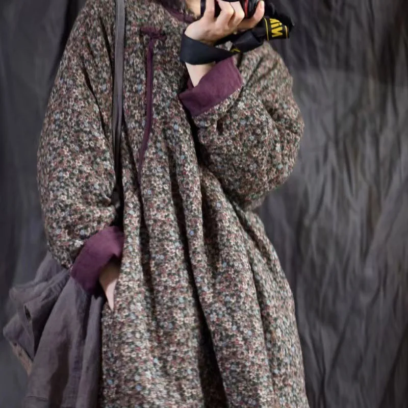 Women's Winter Thickened Pure Cotton Floral Patchwork Button Vintage Improved Mid-Length Cotton Jacket Outerwear Coat
