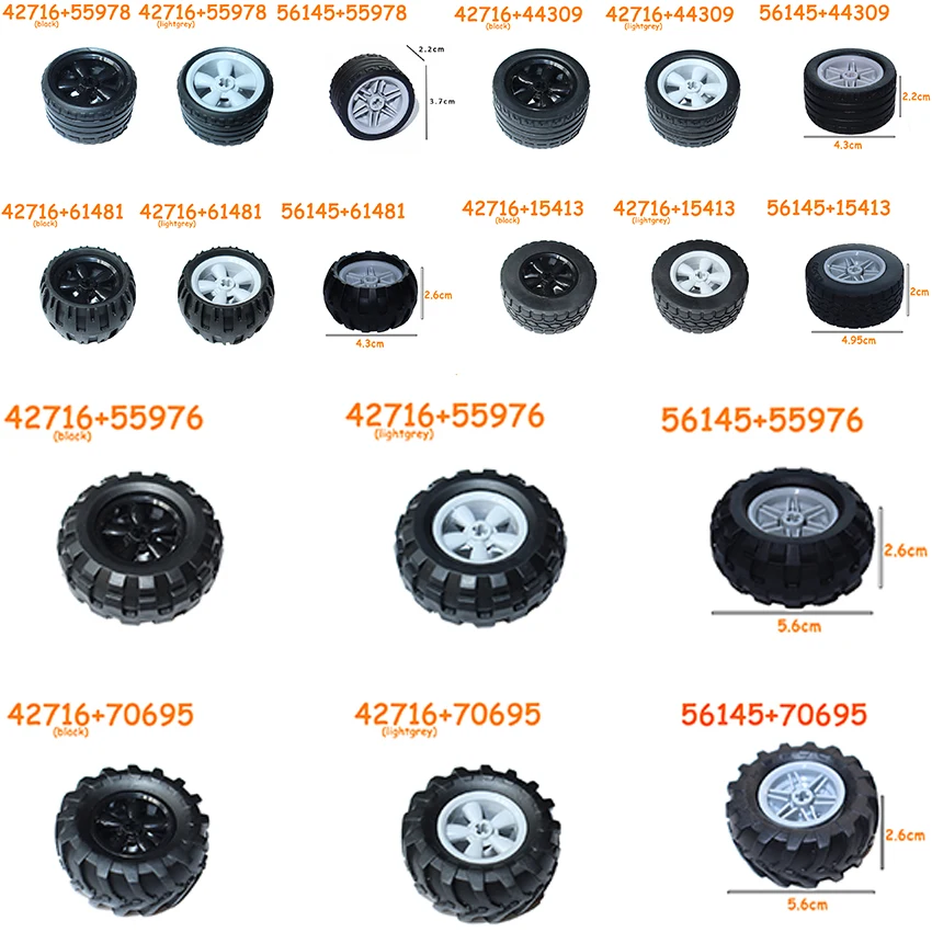 56145 42716 55978 15413 70695 Tire Wheel Cross Hole Set Car Truck Wheels Hub Technical Bricks MOC Motorcycle Building Blocks