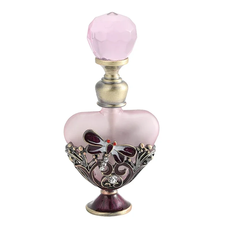 1pc Vintage Frosted Glass Perfume Bottle 5ml Metal Dragonfly Decor Heart Shape Container Diamond Cap Crystal Refillable Gifts